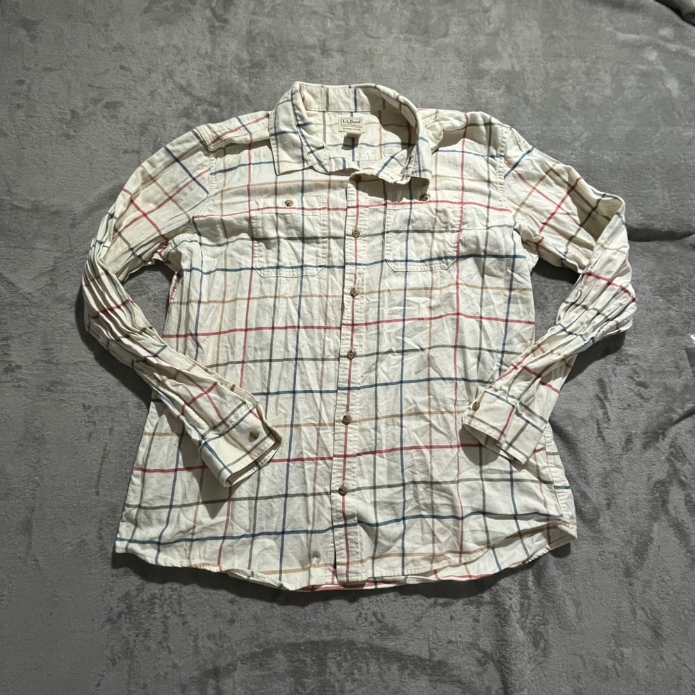 L.L.Bean Flannel Shirt Mens XL White Plaid Slightly Fitted 513825